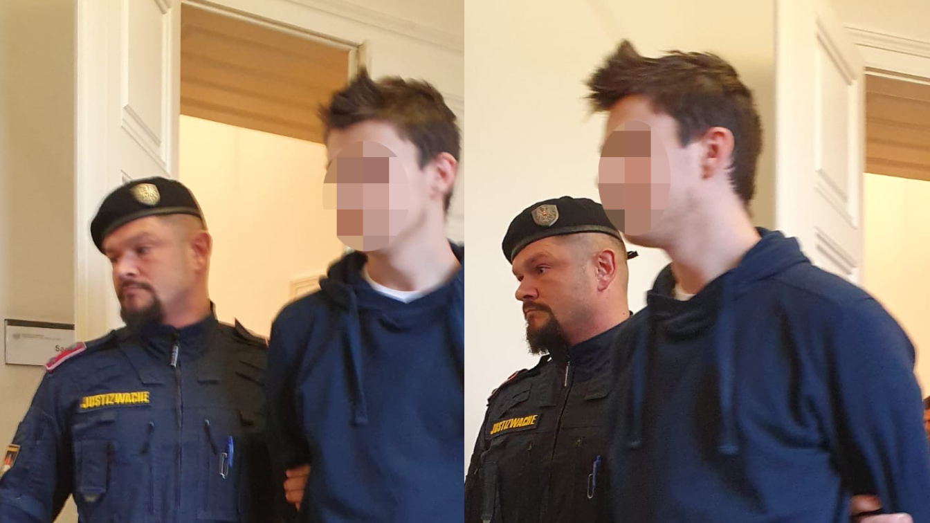 Der 17-Jährige, der die Morde an zwei Obdachlosen in Wien gestand, bei seiner Vorführung vor Gericht wegen Körperverletzung an seiner Mutter