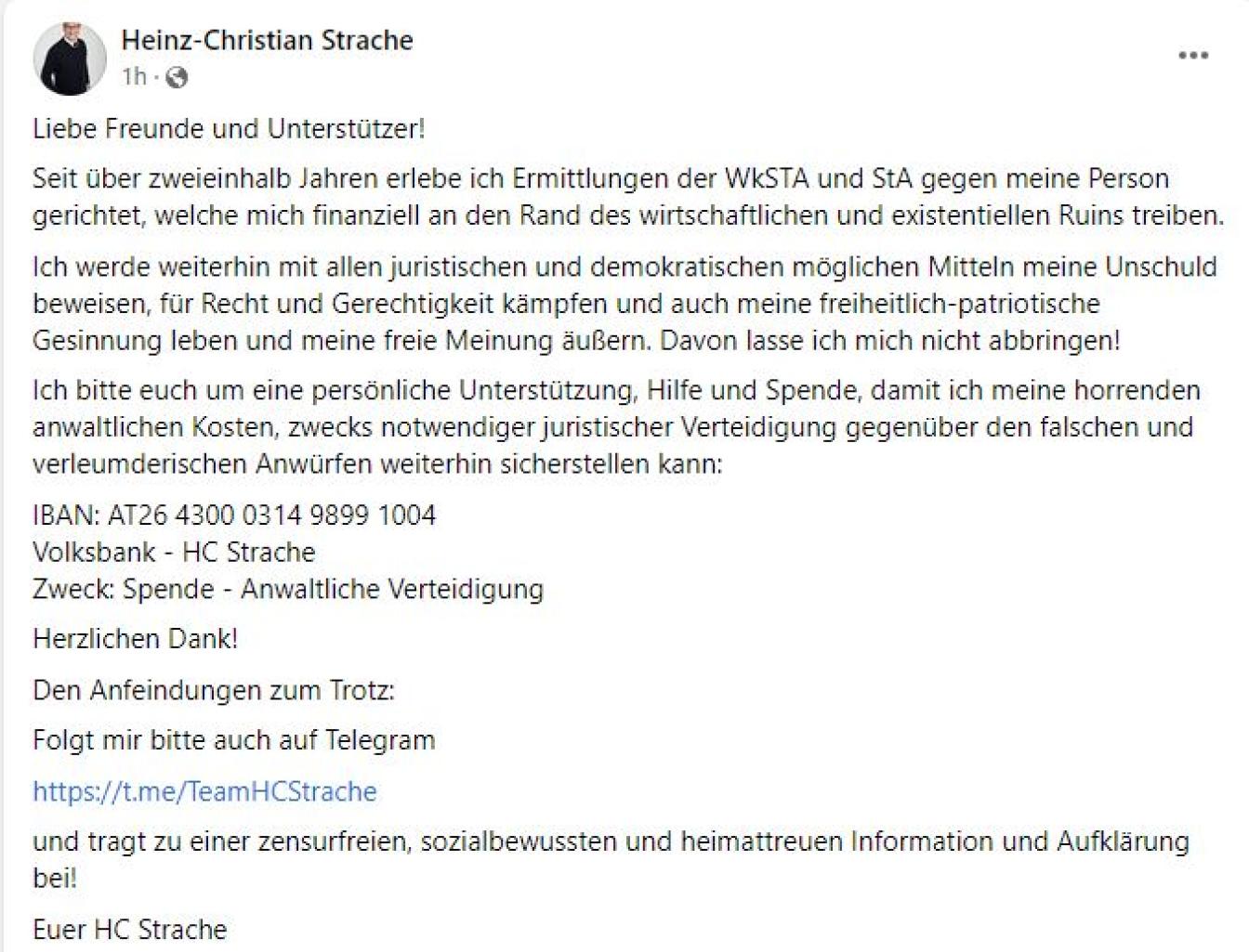 HC Strache Facebook - Bitte um Spenden