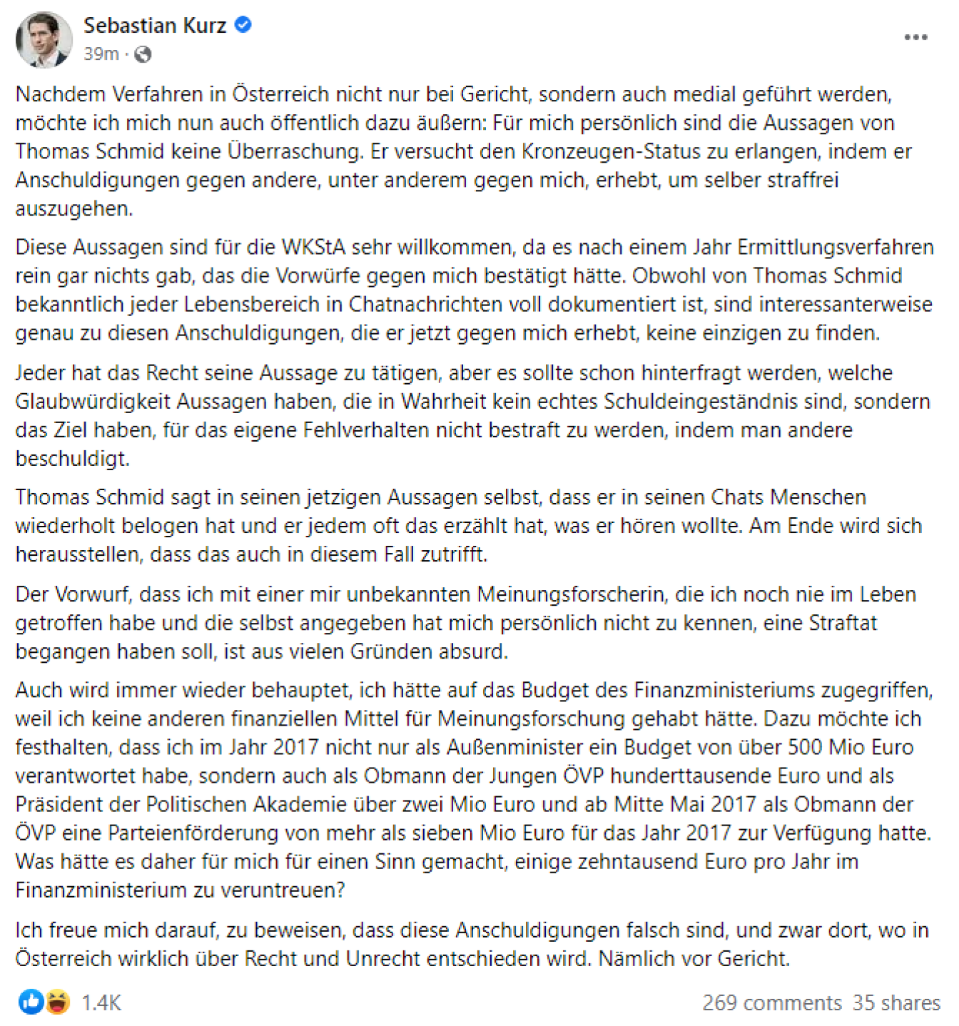 Das Facebook-Statement von Sebastian Kurz