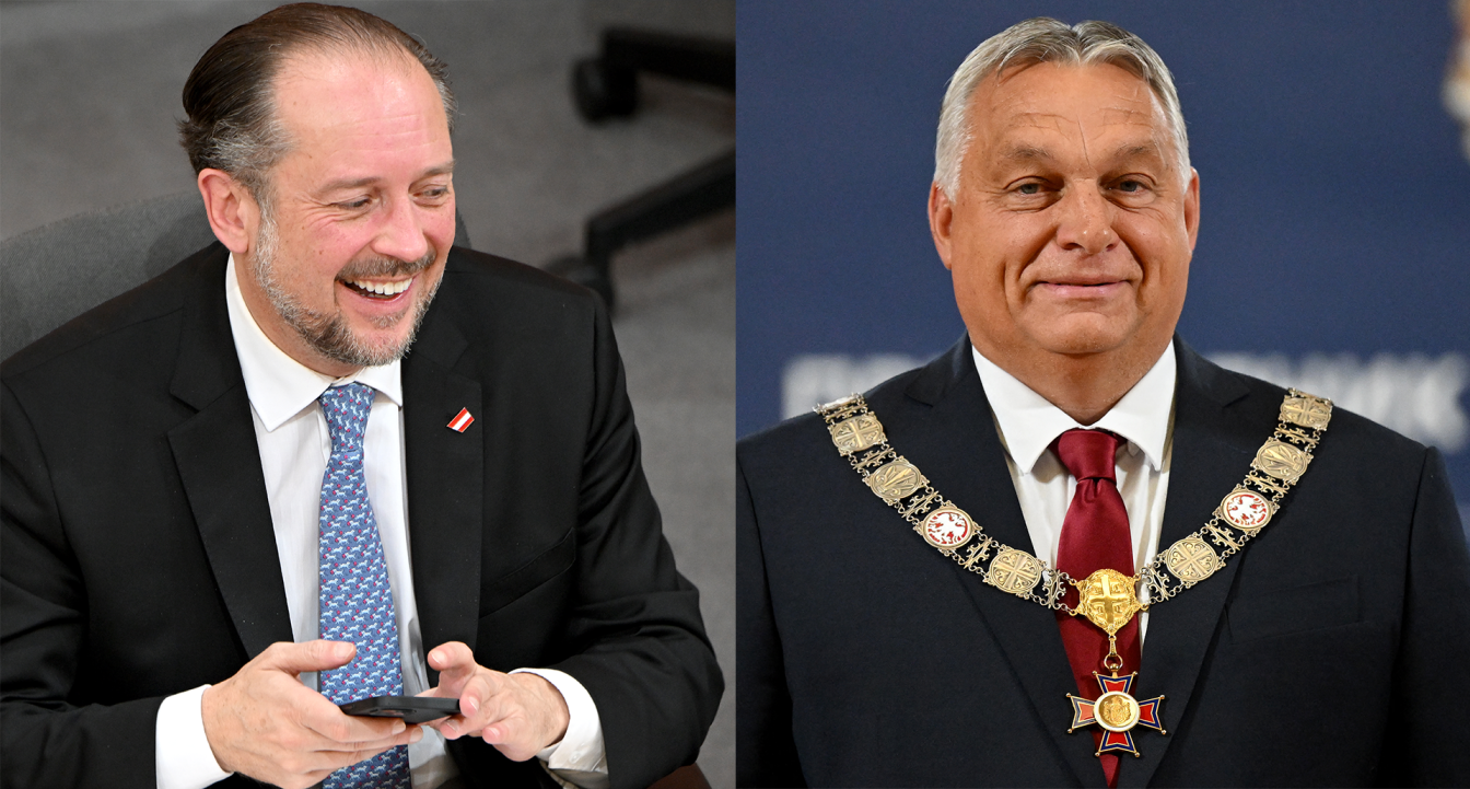 Eine Fotocollage zeigt einen lachenden Außenminister Alexander Schallenberg und Ungarns Premier Viktor Orban mti einer Ordenskette