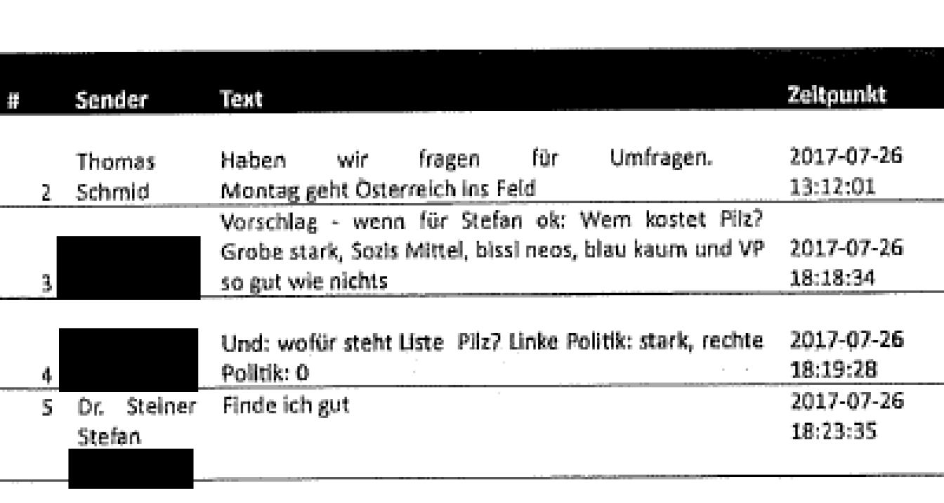 Fleischmann wünscht sich in einer Chatnachricht eine Umfrage zur Liste Pilz und wem dieser Wähler wegnehmen solle
