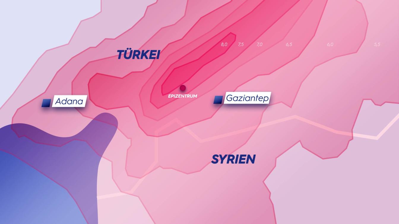 Karte des Erdbeben in der türkisch-syrischen Grenzregion am 06.02.2023