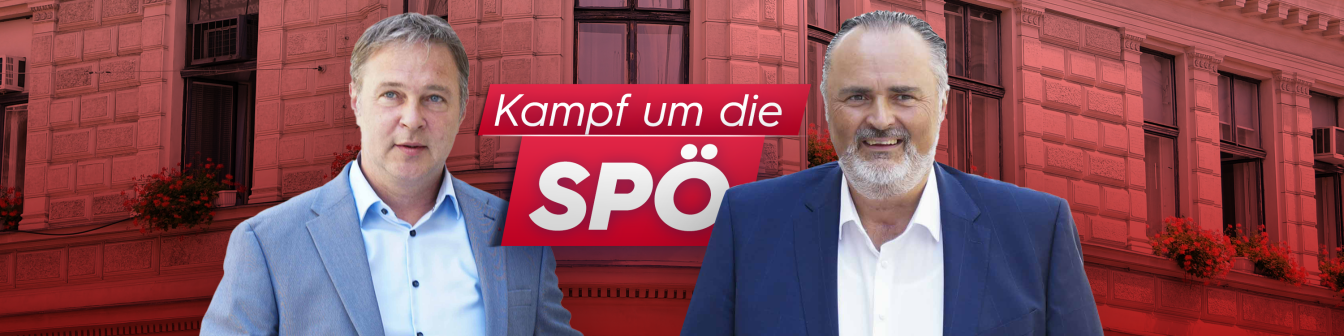 Banner zum "Kampf um die SPÖ" mit Babler und Doskozil